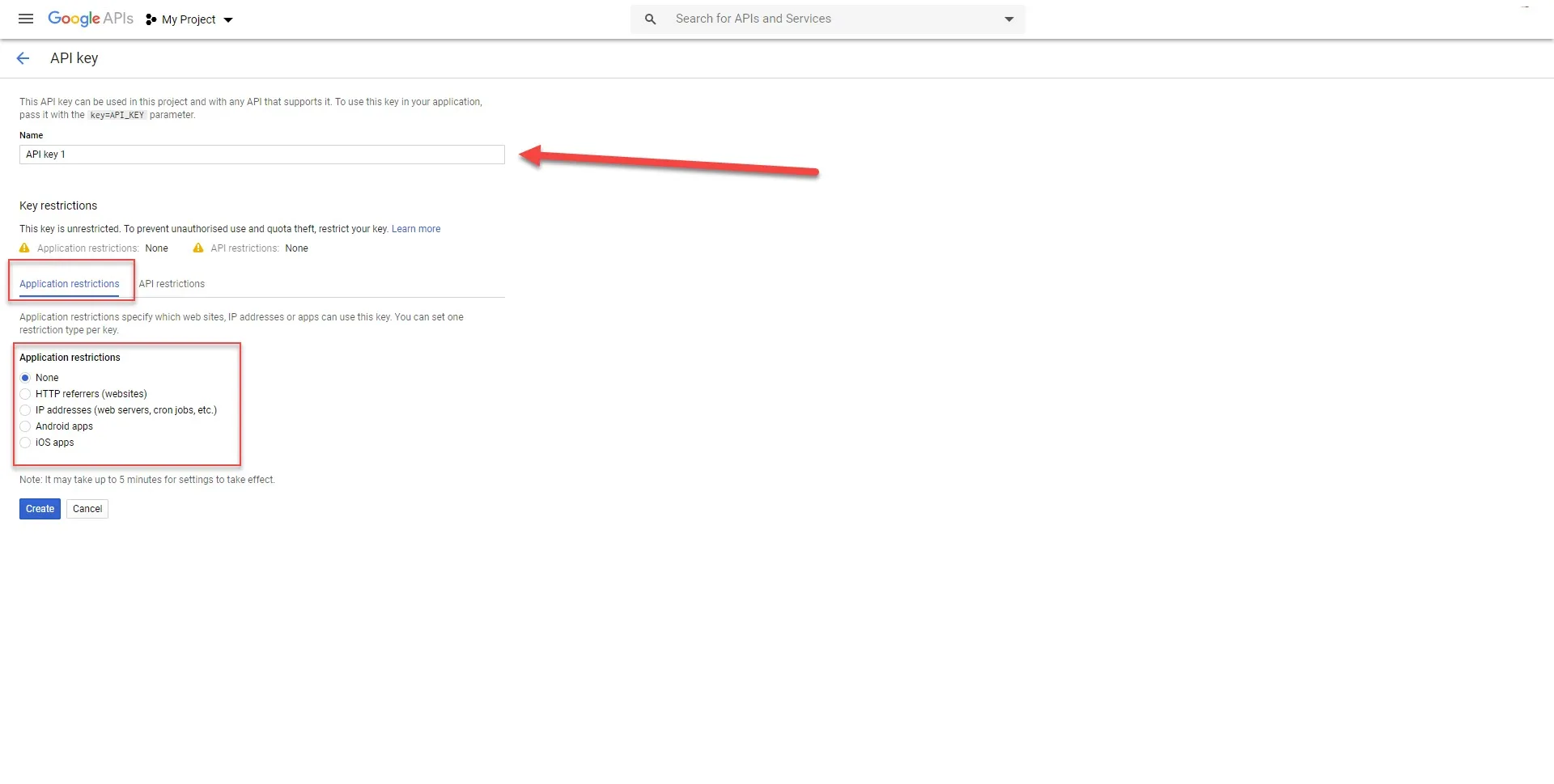 API key name and restrictions